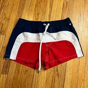 Andrew Christian swim trunks Mens Small. red White Blue Flag Shortie short